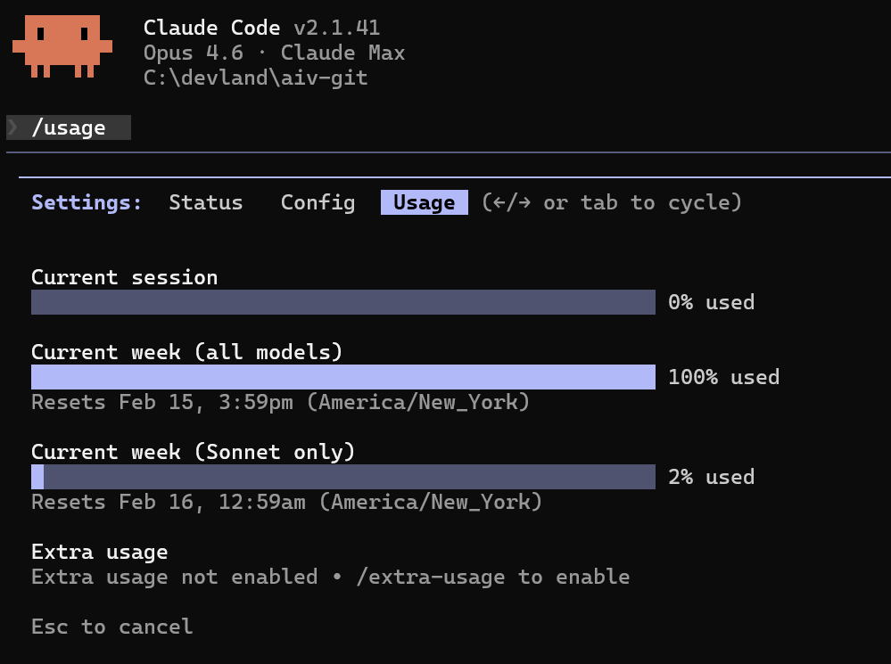 Claude Code usage at 100% after 2 days